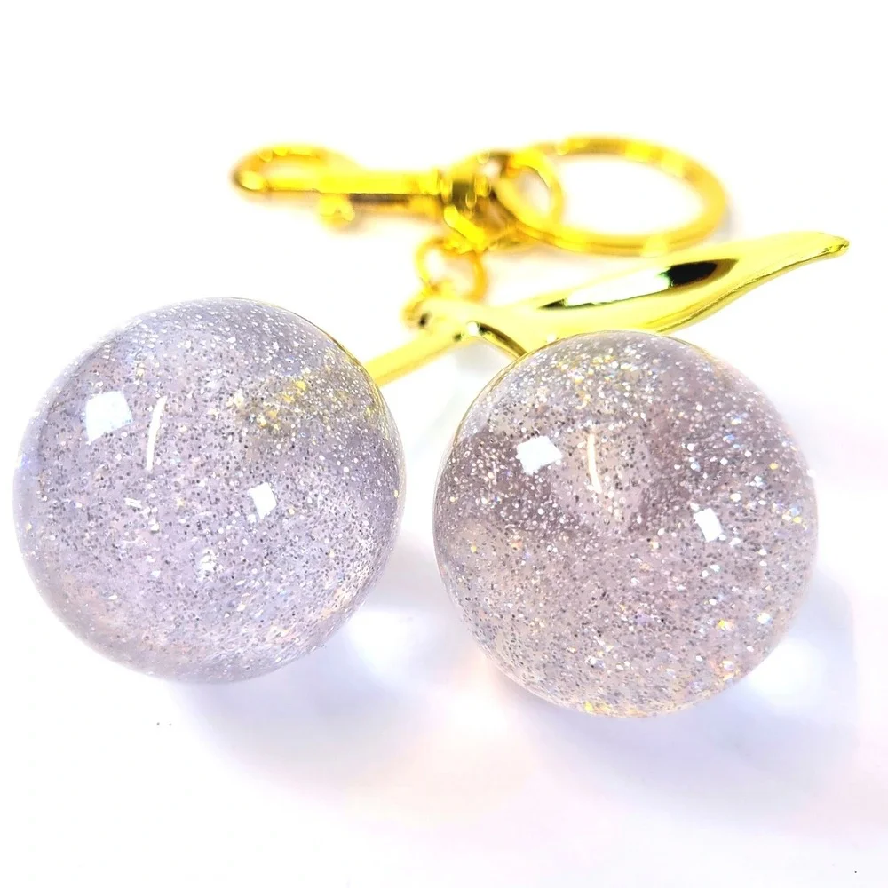 Cherry Keychain Glitter Resin Bag Charm White Gold Women Playful Whimsical NEW